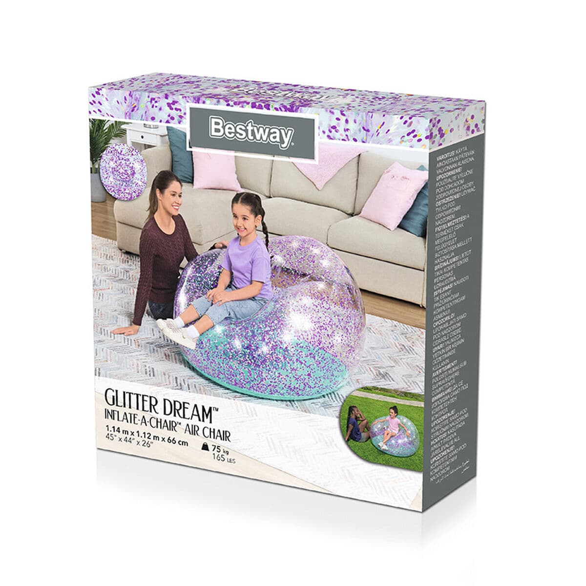 Bestway Riesiger Aufblasbarer Sessel Glitzer 114x112x66 cm +6 Jahre Innen- und Garten 75115 - Thumbnail 2