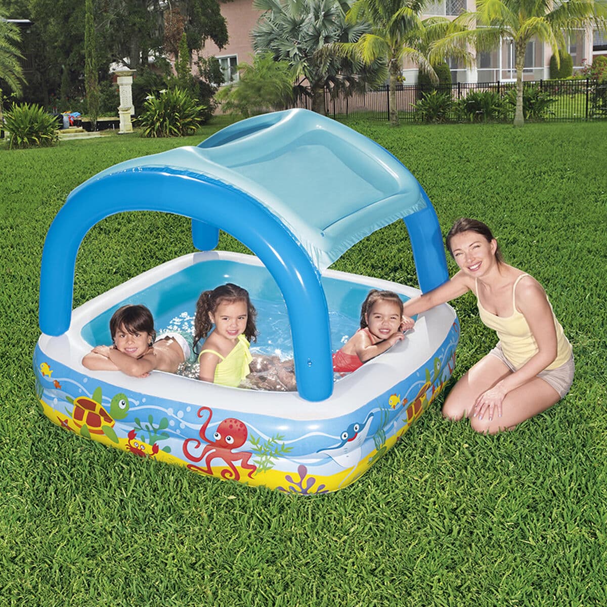 Bestway Aufblasbarer Kinderpool Abnehmbares Dach 140x140x114 cm +2 Jahre Garten 52192 - Thumbnail 3
