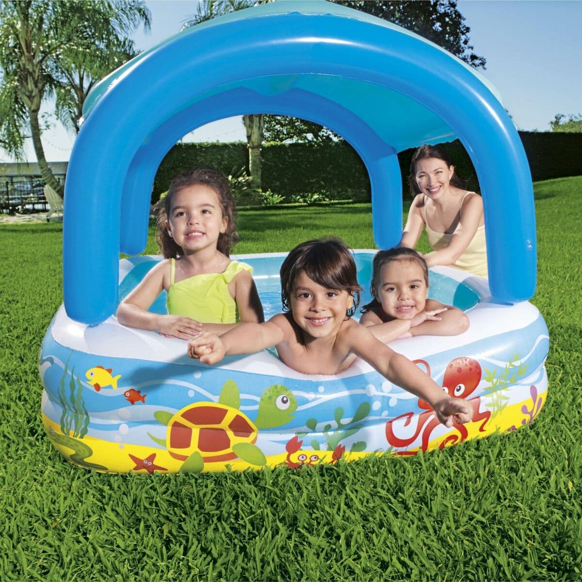 Bestway Aufblasbarer Kinderpool Abnehmbares Dach 140x140x114 cm +2 Jahre Garten 52192 - Thumbnail 6