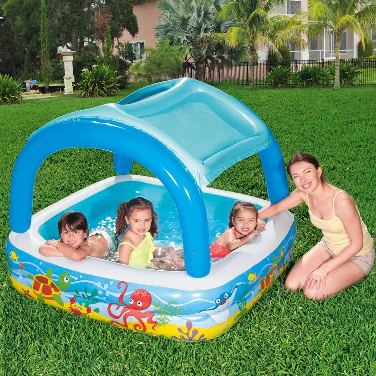 Bestway Aufblasbarer Kinderpool Abnehmbares Dach 140x140x114 cm +2 Jahre Garten 52192 - Thumbnail 7