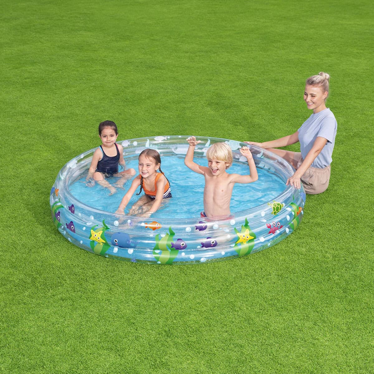 Bestway Kinder Aufblasbarer Pool 3 Ringe Transparent Meeresleben 183x33 cm +2 Jahre Garten 51005 - Thumbnail 3