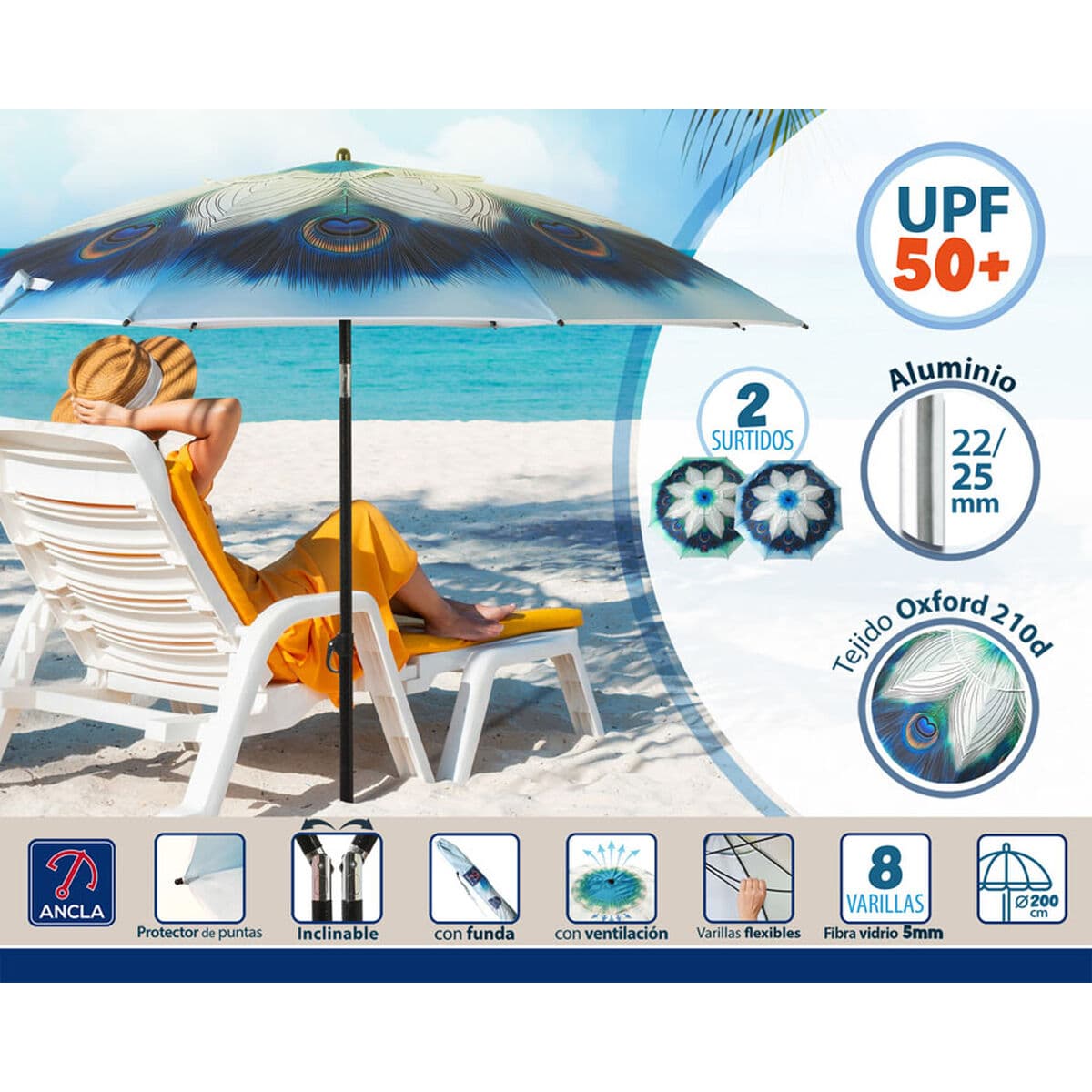 Sonnenschirm Blau Ø 200 cm SPF50+ Pfau - Thumbnail 3