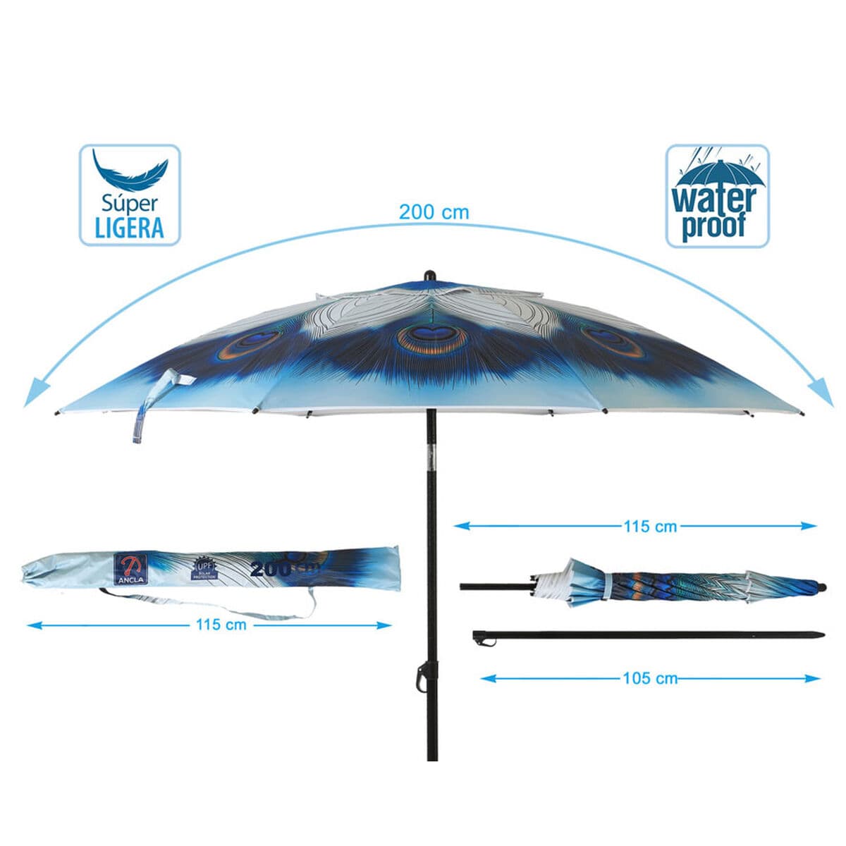 Sonnenschirm Blau Ø 200 cm SPF50+ Pfau - Thumbnail 5