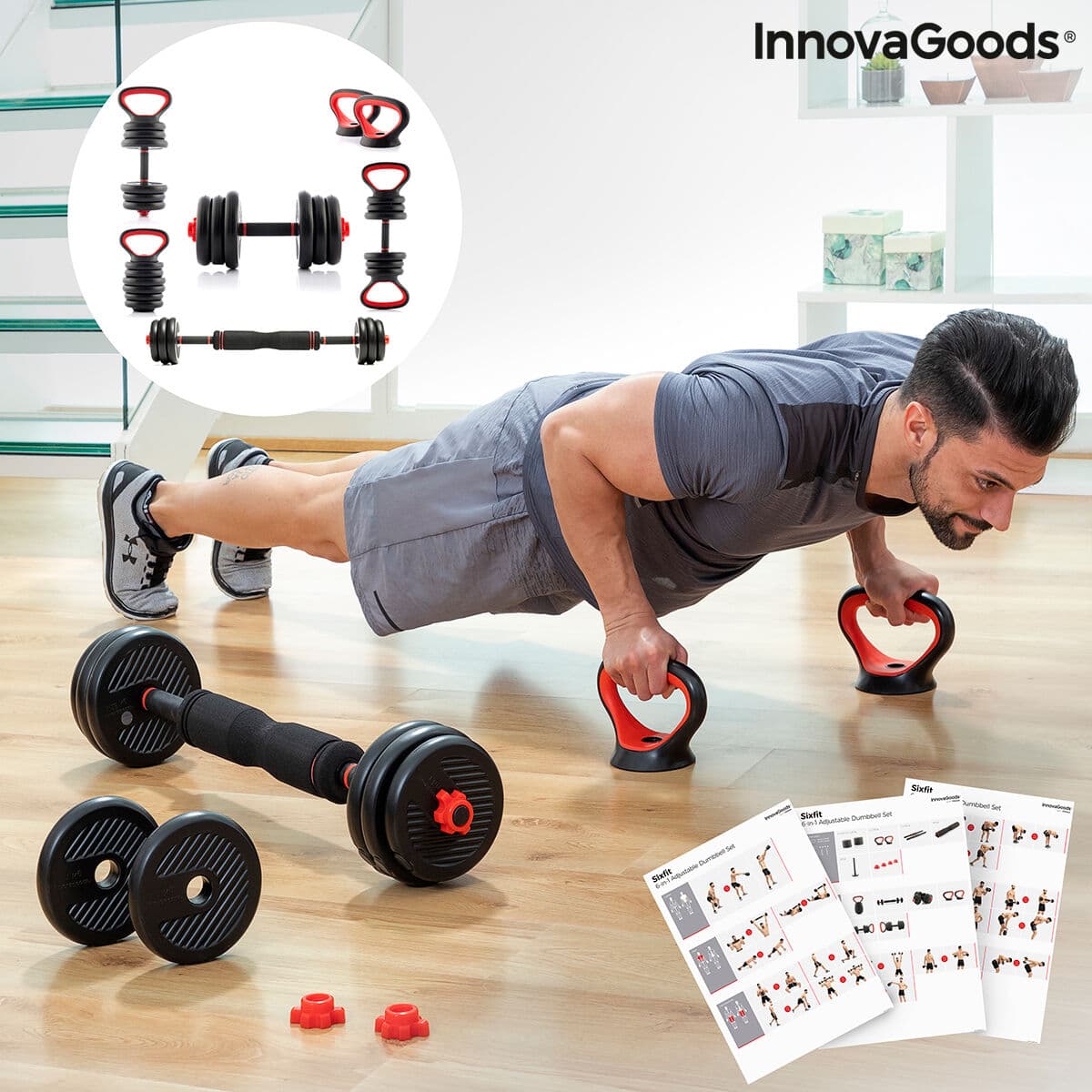 6 in 1 Verstellbarer Hantelsatz mit Trainingsanleitung Sixfit InnovaGoods   Eisen (Restauriert B) - Thumbnail 2