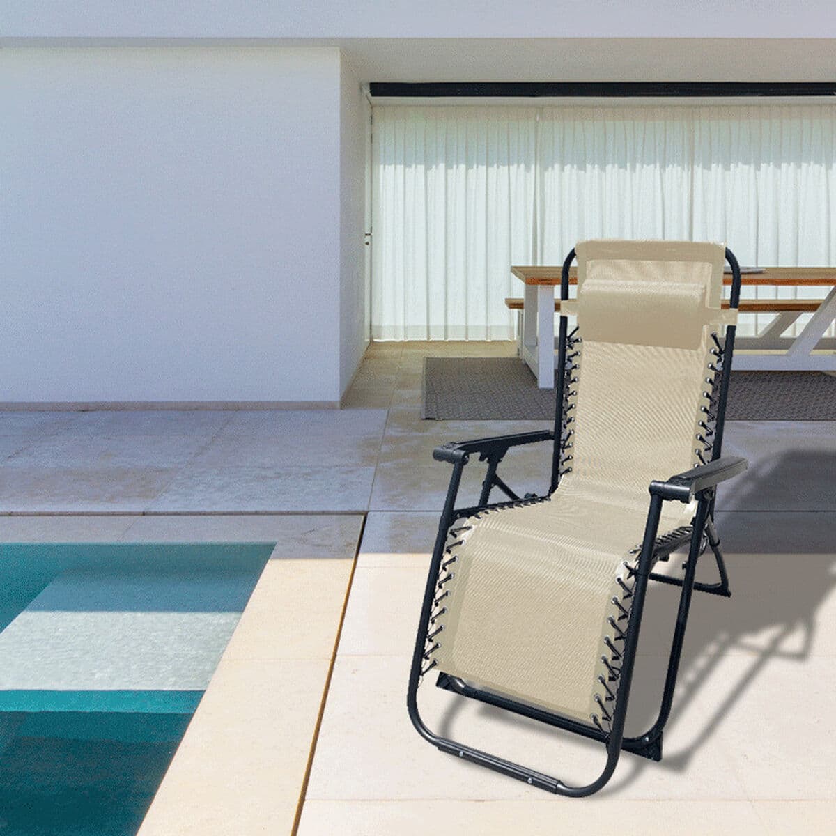 Marbueno Klappbarer Liegestuhl Stahl mit Kissen Garten und Pool 90X66X108 cm Schwerelosigkeit Beige 10005 - Thumbnail 3
