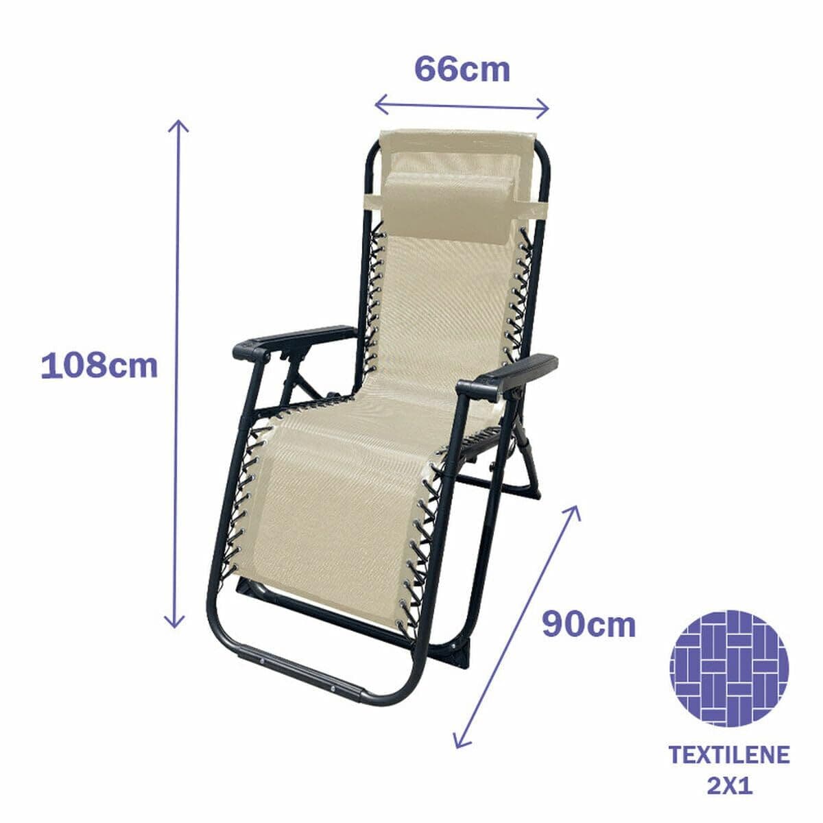 Marbueno Klappbarer Liegestuhl Stahl mit Kissen Garten und Pool 90X66X108 cm Schwerelosigkeit Beige 10005 - Thumbnail 6