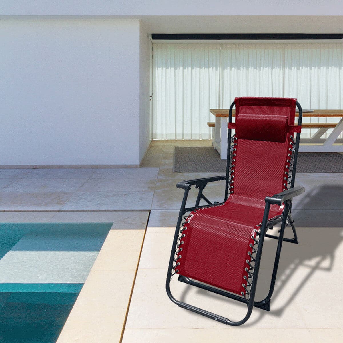 Marbueno klappbarer Stahl Liegestuhl mit Kissen Garten und Pool 90X66X108 cm Schwerkraft Null Bordeaux 10010 - Thumbnail 3