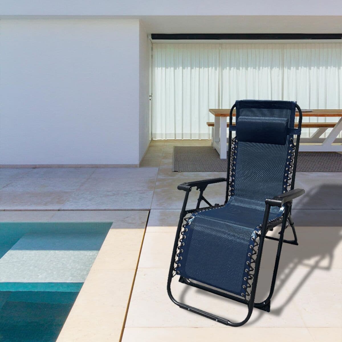Marbueno Klappbarer Stahl Liegestuhl mit Kissen Garten und Pool 90X66X108 cm Schwerkraft Null Dunkelblau 10011 - Thumbnail 4