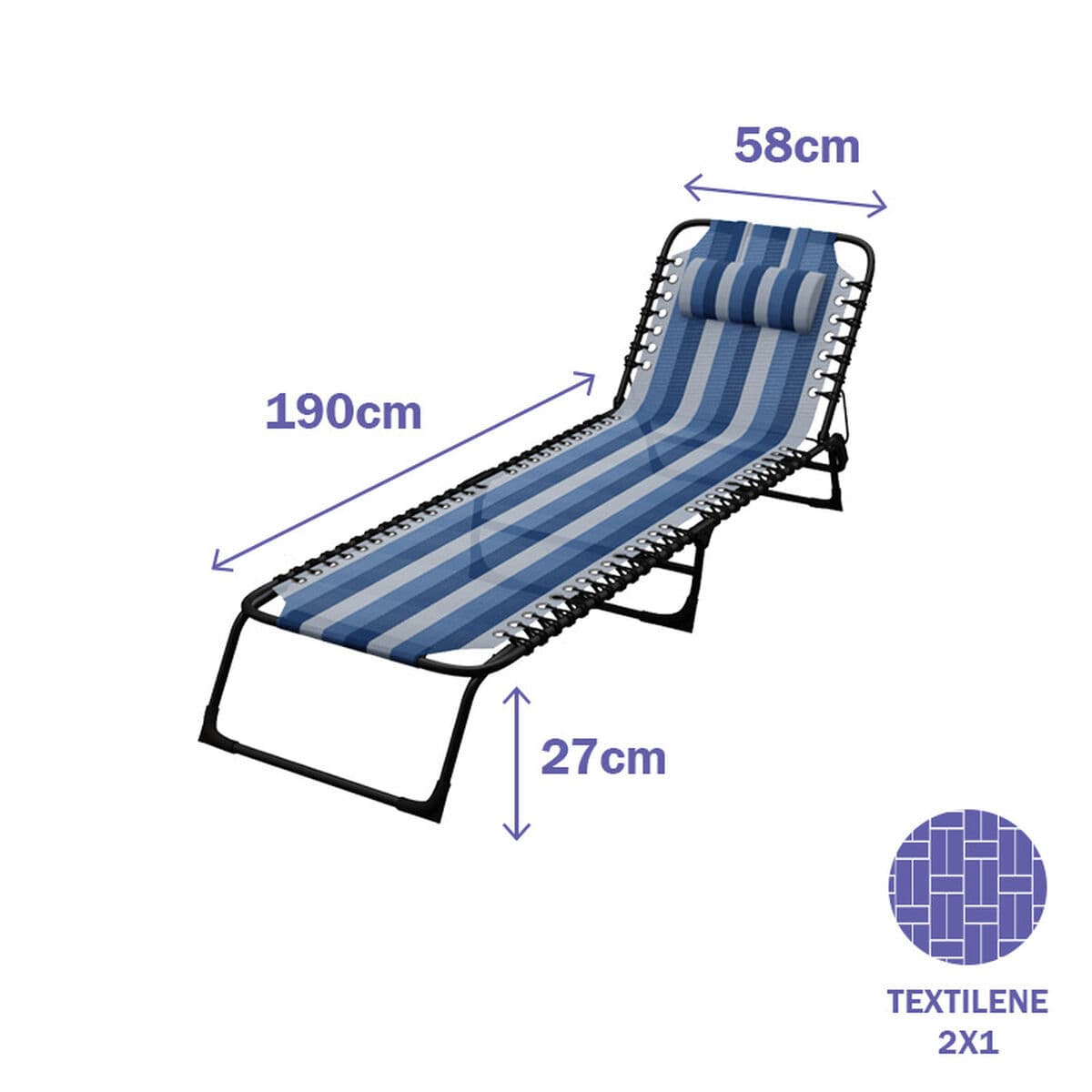 Marbueno Faltbare Liege Stahl mit Kissen Garten und Pool 190X58X27 cm Blaue Streifen 10171 - Thumbnail 2
