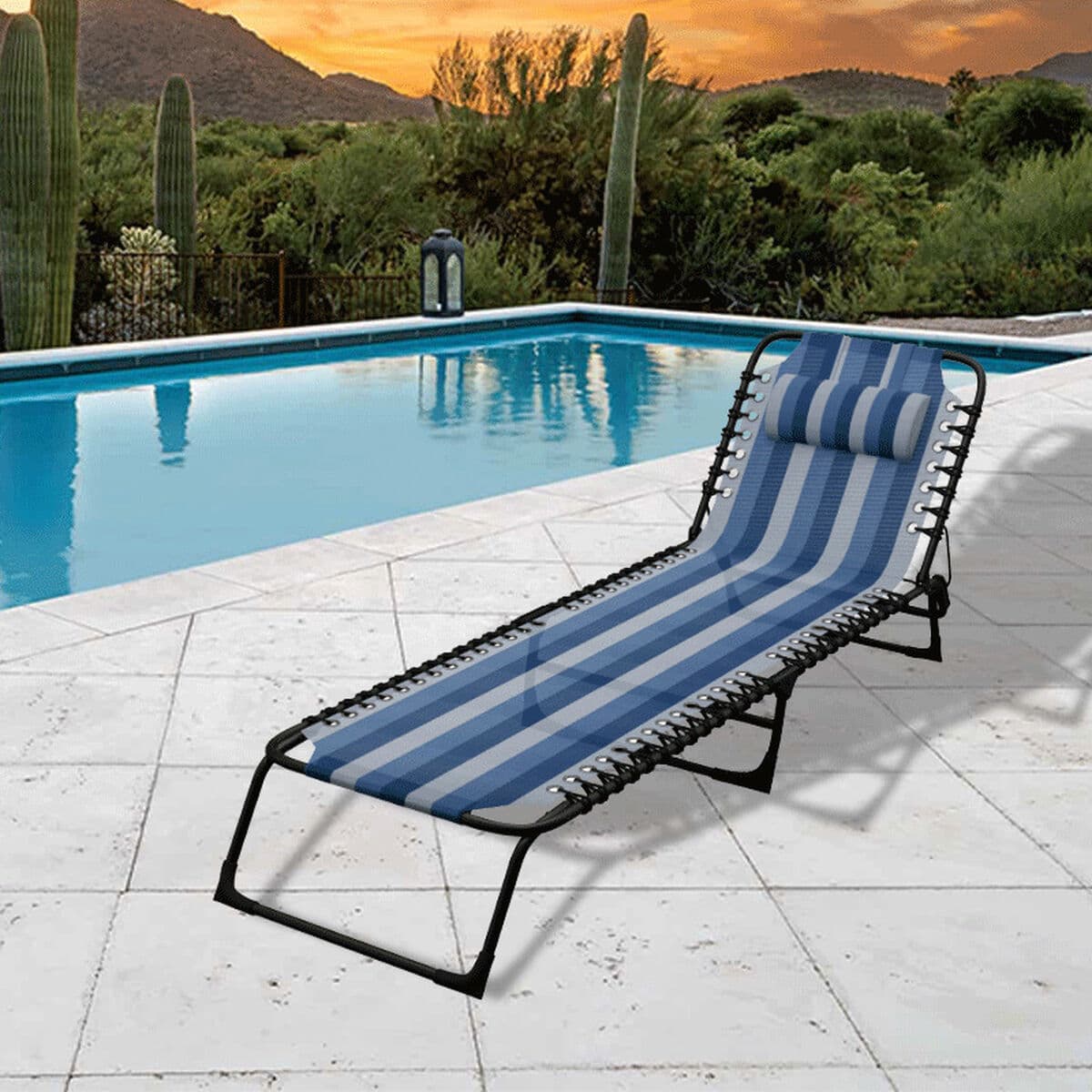 Marbueno Faltbare Liege Stahl mit Kissen Garten und Pool 190X58X27 cm Blaue Streifen 10171 - Thumbnail 3