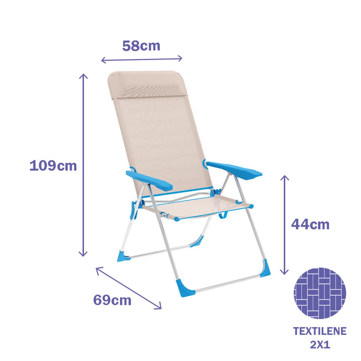 Marbueno Klappstuhl 5 Positionen Aluminium mit Kissen Beige/Blau Strand und Pool 69X58X109 cm 10175 - Thumbnail 2