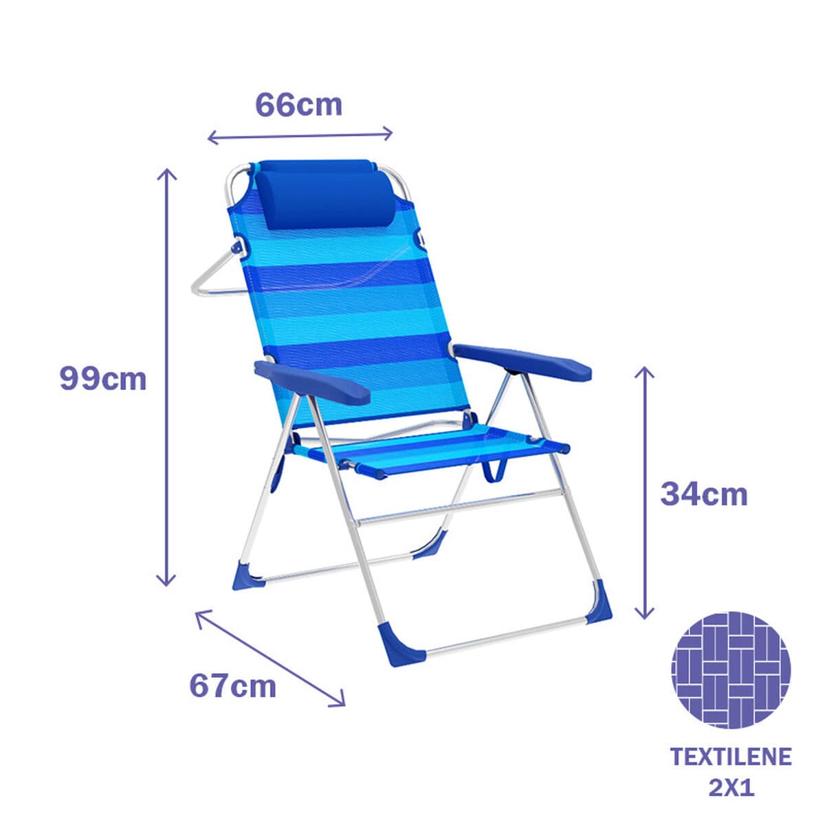 Marbueno Klappstuhl 5 Positionen Aluminium mit Kissen Streifen Blau Strand und Pool 67X66X99 cm 10246 - Thumbnail 2