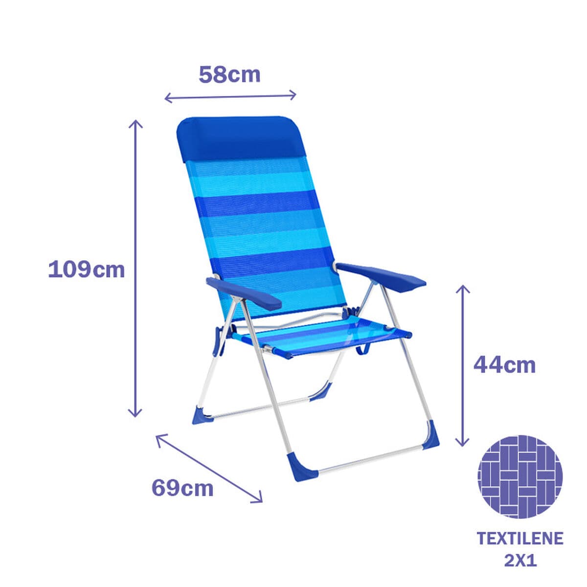 Marbueno Klappstuhl 5 Positionen Aluminium mit Kissen Blaue Streifen Strand und Pool 69X58X109 cm 10248 - Thumbnail 2