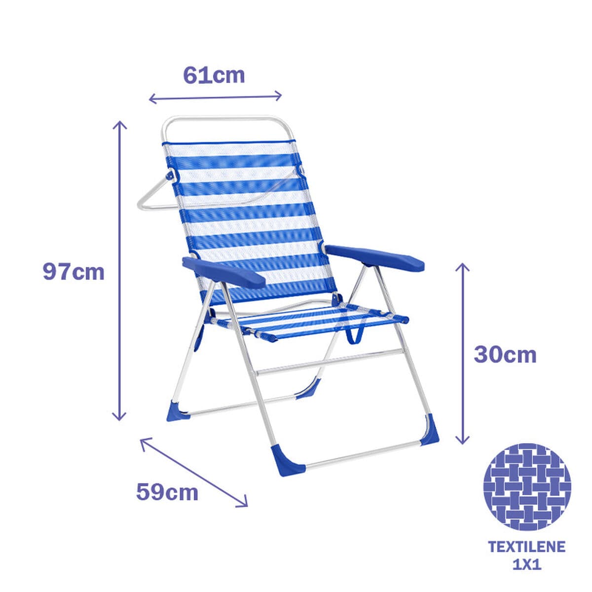 Marbueno Klappstuhl 5 Positionen Aluminium Streifen Blau und Weiß Strand und Pool 59X61X97 cm 10315 - Thumbnail 2