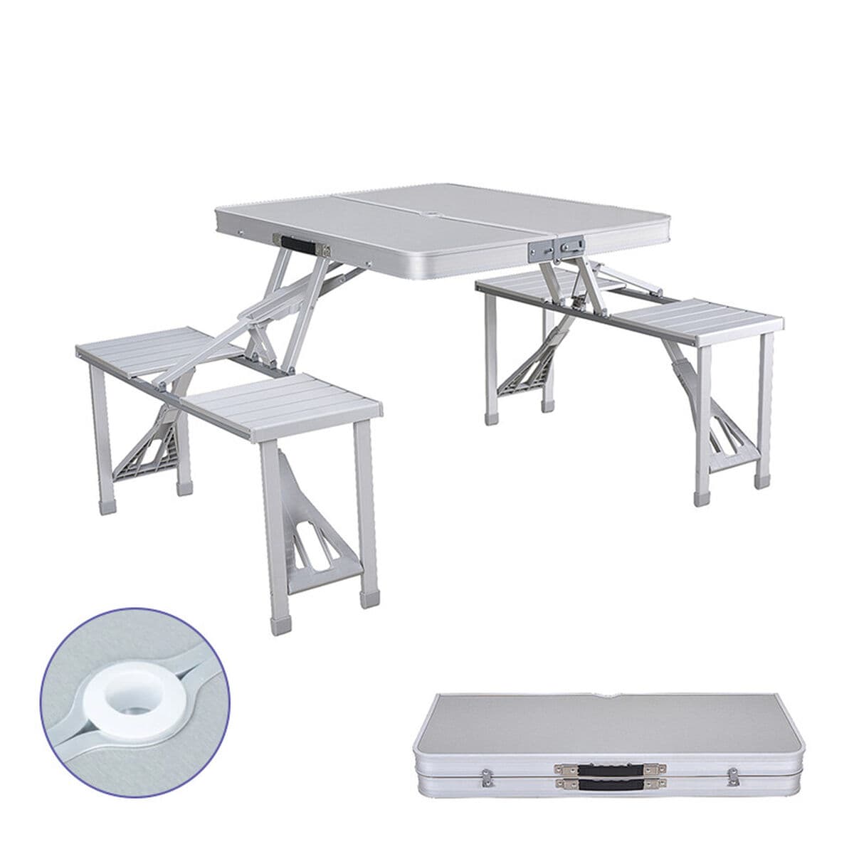 Marbueno Tisch und 4 Sitze mit Sonnenschirmloch Klappbar Aluminium Grau Camping und Strand 136X85X67 cm 10439 - Thumbnail 2