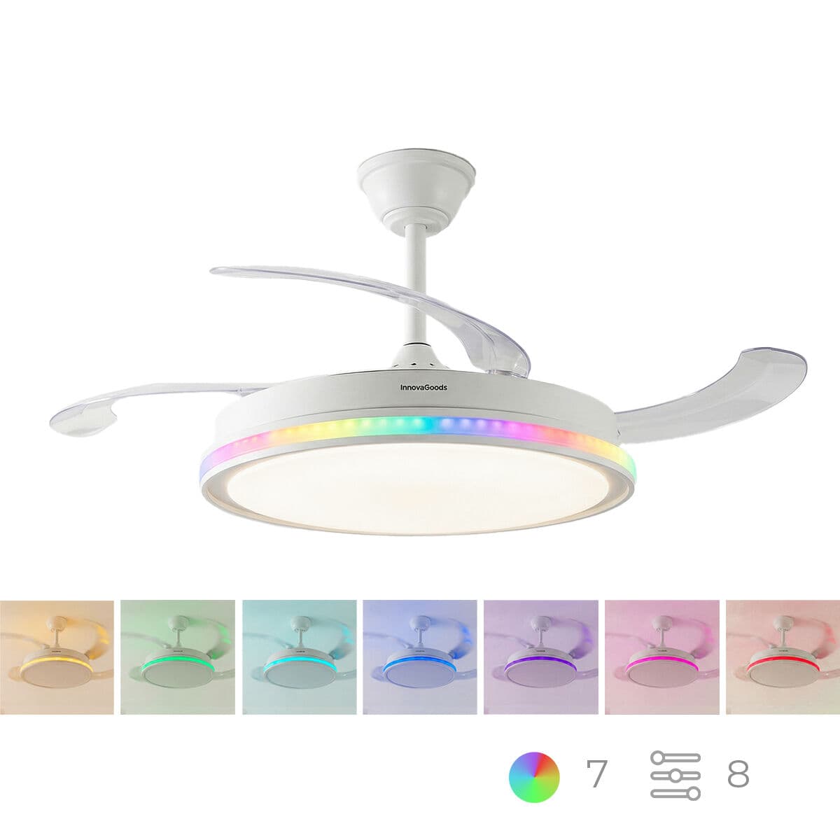 Deckenventilator mit RGB LED-Licht, 4 einziehbaren Flügeln und Fernbedienung InnovaGoods - Thumbnail 8